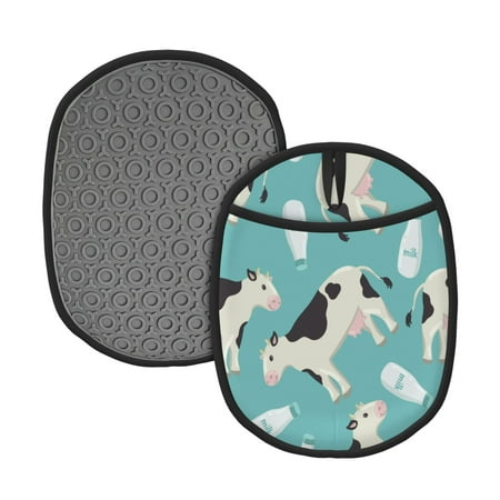 

2pcs Silicone Pot Mat Mitten Heat-Resistant Quilted Liner Oven Hot Pads With Pockets For Women Men Kitchen Cooking Bbq Baking Cow Cartoon Blue