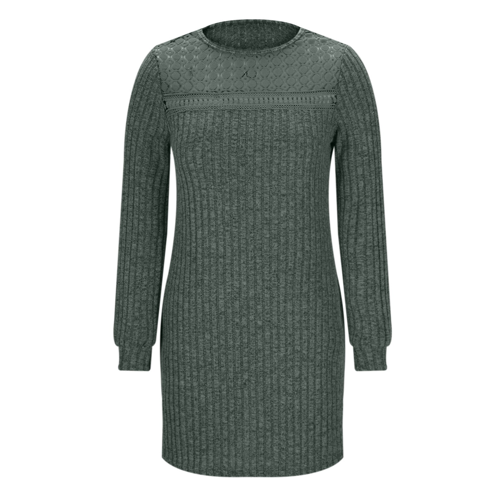 Jinhomg Lace Dresses for Women Long Sleeve Eyelet Ribbed Knit Mini Dress Loose Fit Casual Dresses Spring Clothes Outfits