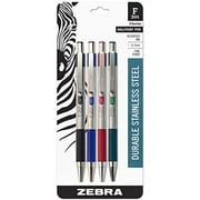 Zebra F-301 Ballpoint Stainless Steel Retractable Pen, Fine Point, 0.7mm, Assorted Ink, 4-Count: Black, Blue, Green, Red