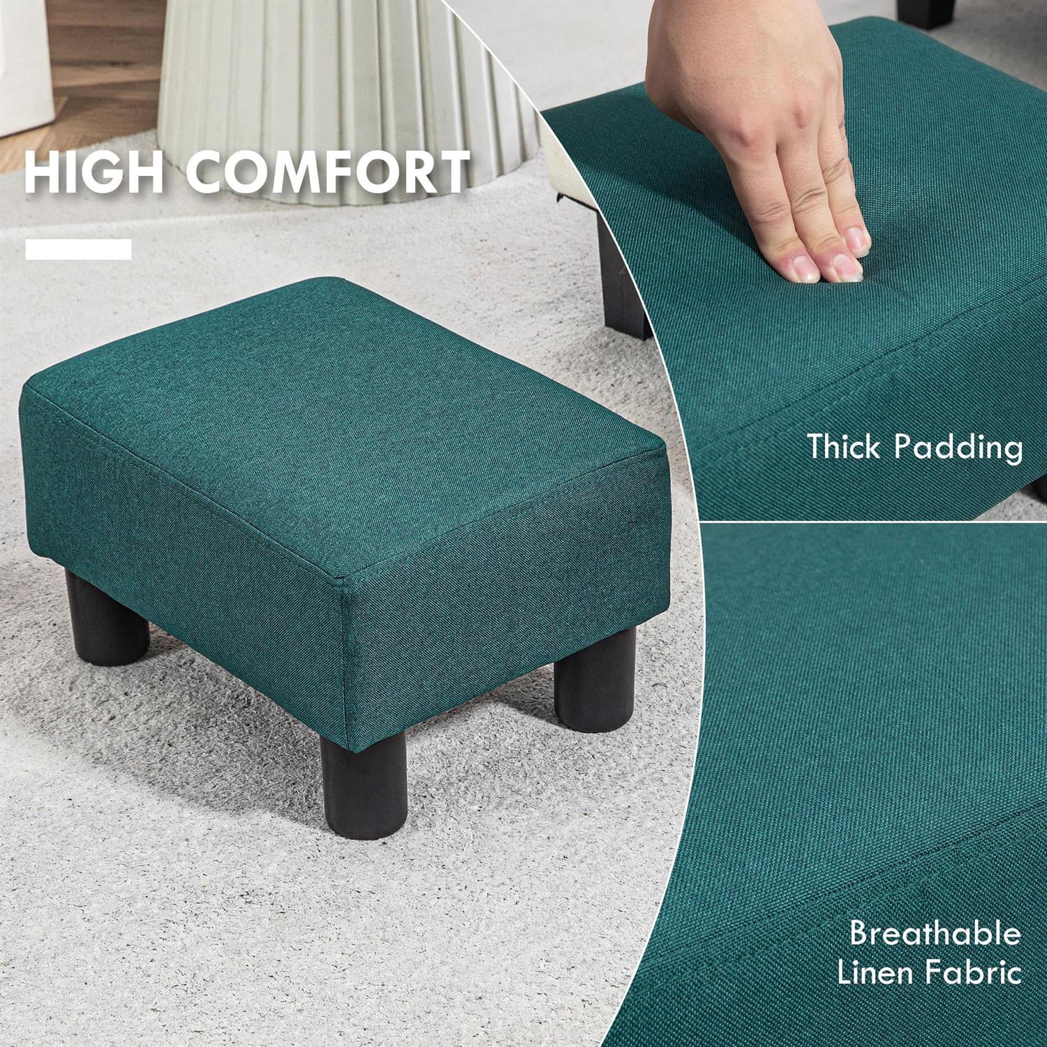 Demi Bonn 15" Small Ottoman Foot Rest, Foot Stool with Linen Fabric Upholstery and Plastic Legs, Cube Ottoman for Living Room, Bedroom, Green