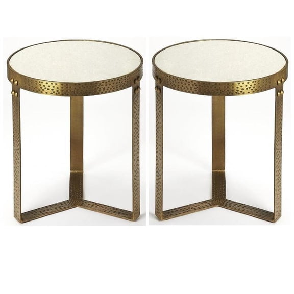 Home Square 18" Round Marble Top Accent End Table in White - Set of 2