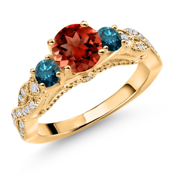Gem Stone King 18K Yellow Gold Plated Silver Red Garnet Blue Diamond and White Moissanite Engagement Ring for Women (1.47 Cttw, Gemstone January Birthstone, Round 6MM and 3MM, Size 9)