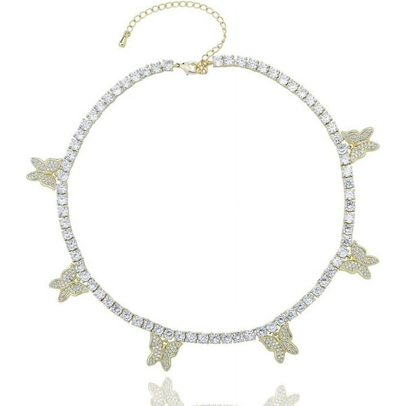 LAICAIW 6 Times 14K 6 Times Gold Platinum Plated Charm Necklace Tennis Chain Charm Choker Bling Iced Out CZ Necklace Charm Necklace Silver Women