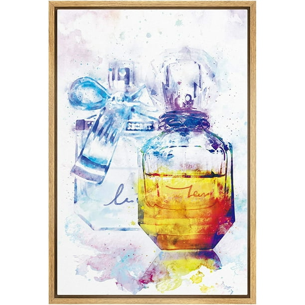 Wall26 Framed Canvas Wall Art Chic Perfume Bottle With Bow In Yellow And Pink Paint Splashes
