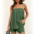 thumbnail image 3 of MLCDZ Linen Sets for Women 2 Piece Summer Spaghetti Strap square Neck Sleeveless Top Wide Leg Shorts Set Beach Vacation Travel Outfits with Pockets, 3 of 8