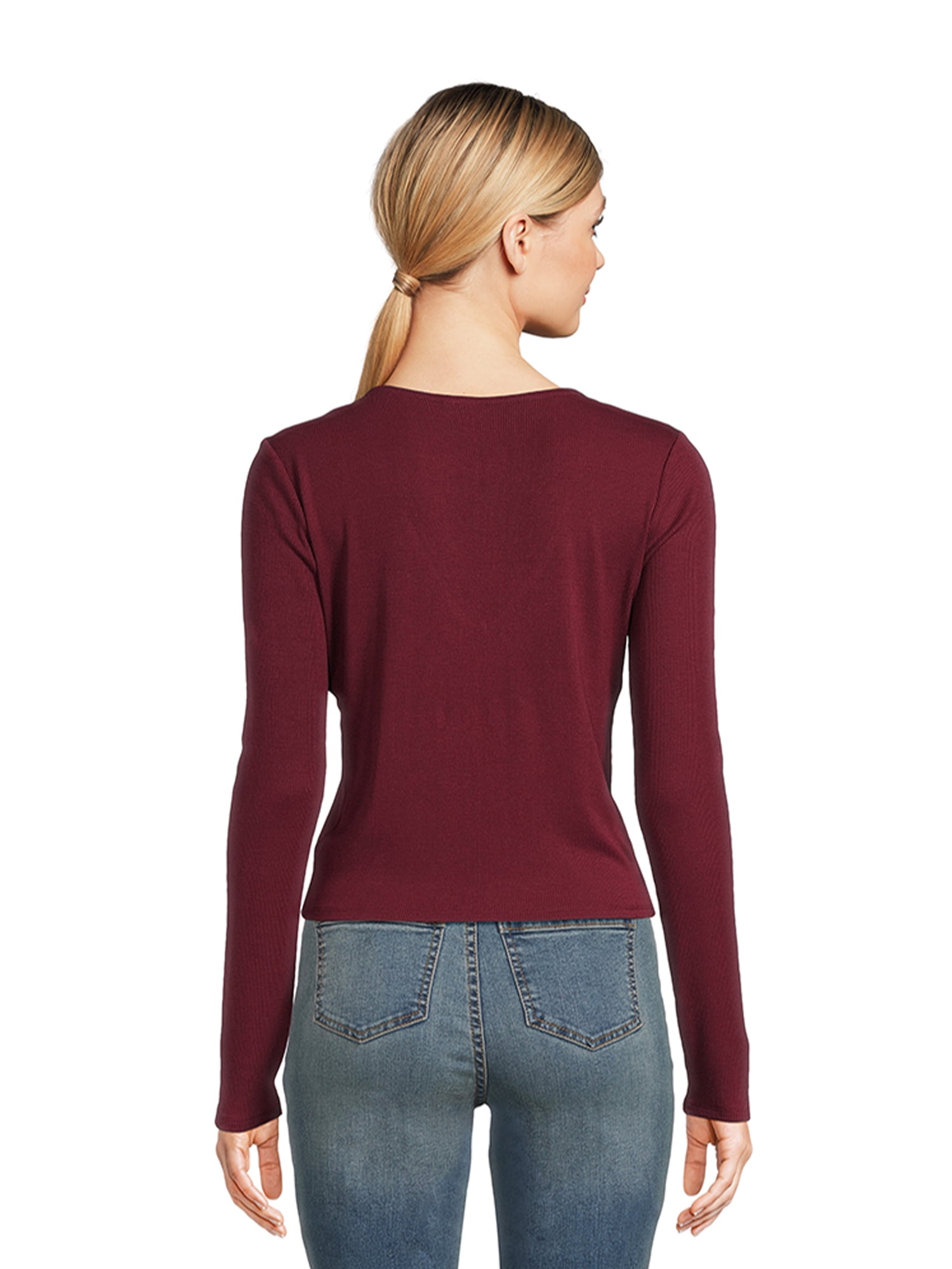 Self Esteem Juniors Lace Trim V-Neck Tee with Long Sleeves