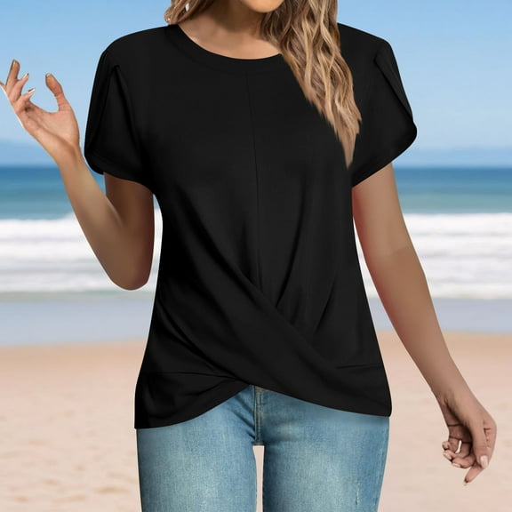 QUNYINEY Casual Womens T Shirts Crew Neck Solid Short Sleeve Tops Loose Twist Knot Pullover Shirts