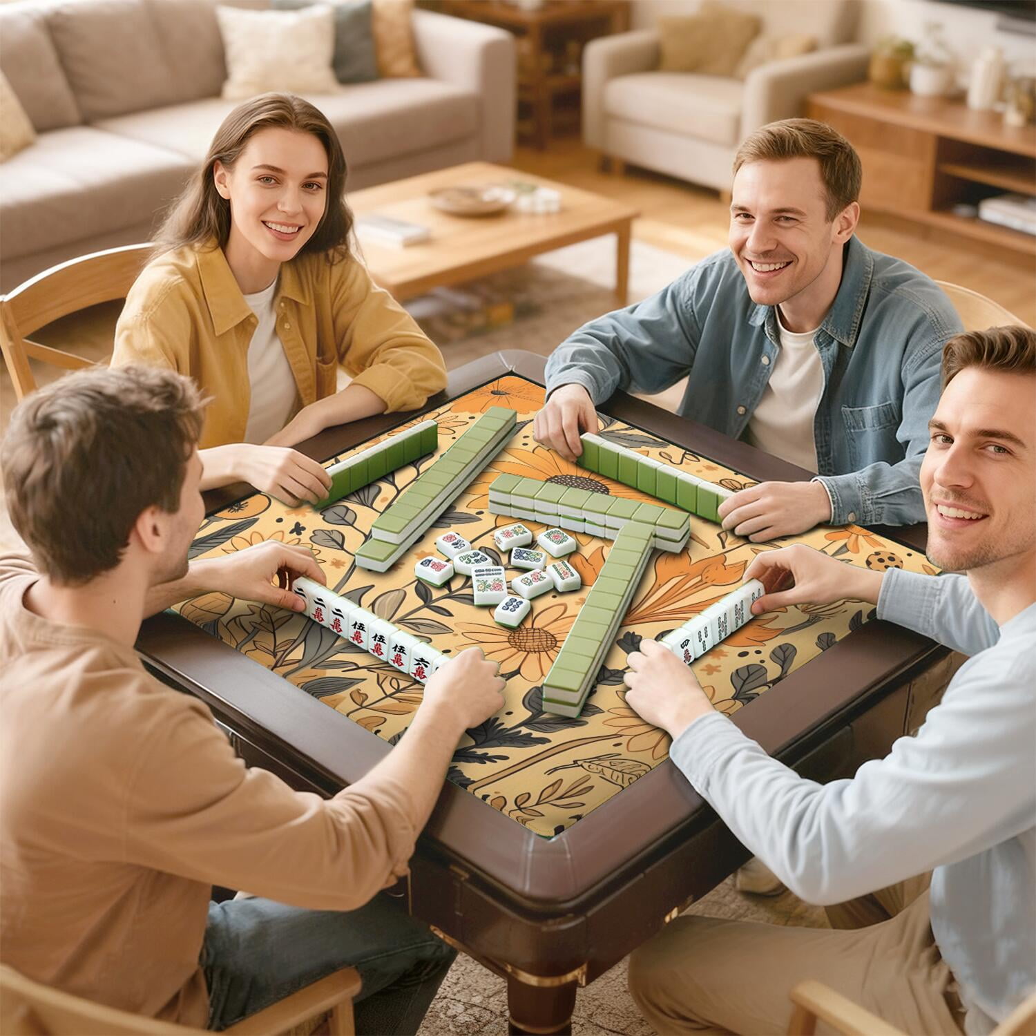 Traditional Floral Design Non-Slip Rubber Surface for Game Room 31.5 Inch Square Mahjong Playing Mat with Noise Dampening for Family Game Nights