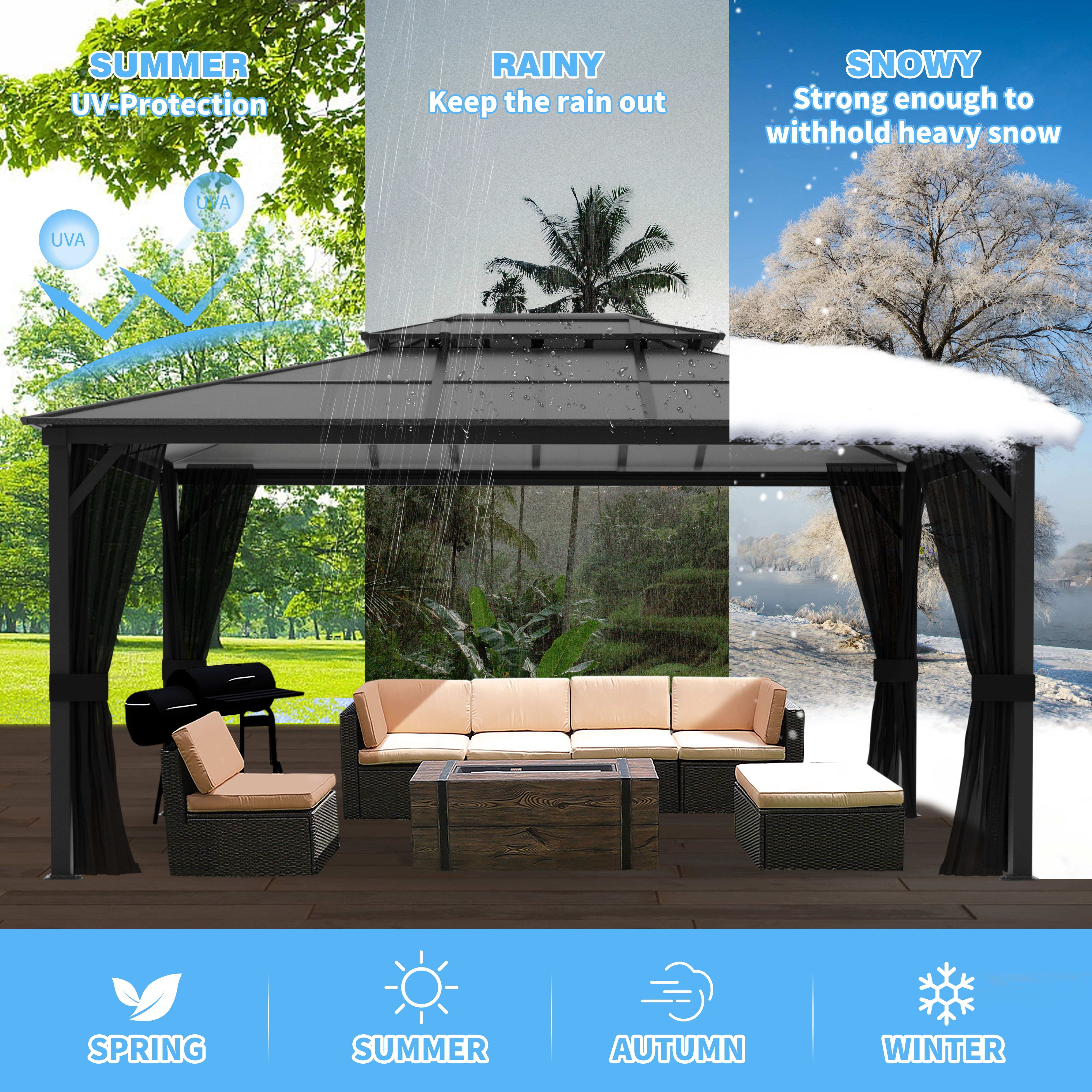 VEIKOUS 16' x 12' Outdoor Hardtop Gazebo, Double Roof Gazebo w/ Nettings for Patio, Garden