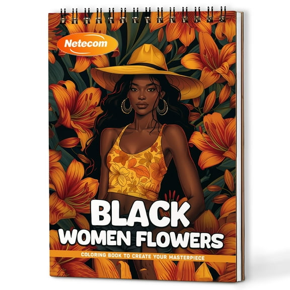 Netecom Black Women Flowers Coloring Book Spiral Bound For Adults, A5 Wooden Cover, 30 Elegant Coloring Pages in Beautiful Floral Portraits for Stress Relief and Relaxation