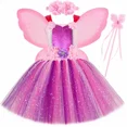 thumbnail image 2 of Vestido de hada con tutú brillante para niñas, disfraz con alas, vestido de princesa de hada con flores de tul rosa y morado, vestido de fiesta de cumpleaños para niños, 2 of 5