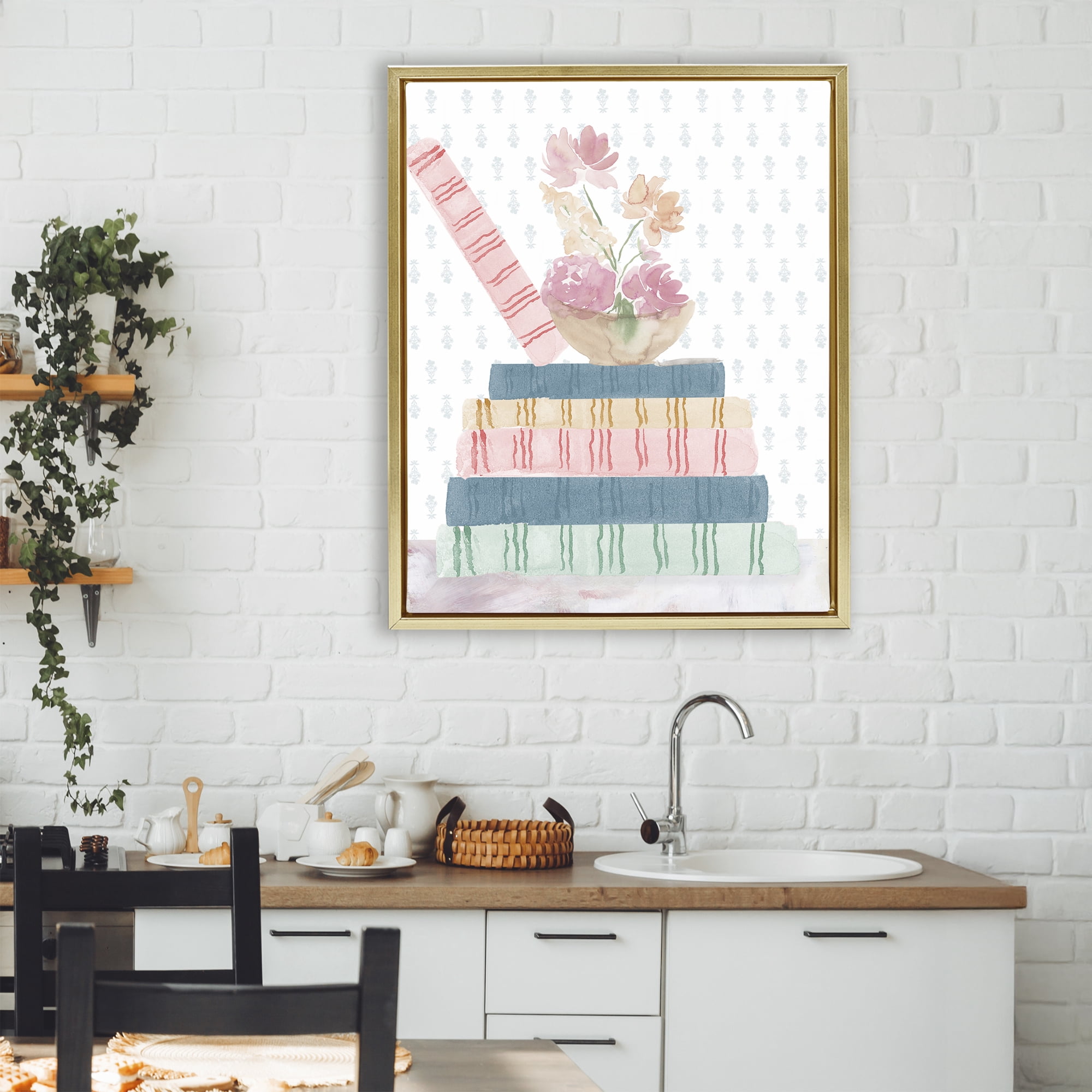 Stupell Industries Pastel Flowers And Books Gold Framed Floater Canvas Wall Art, design by Lucille Price