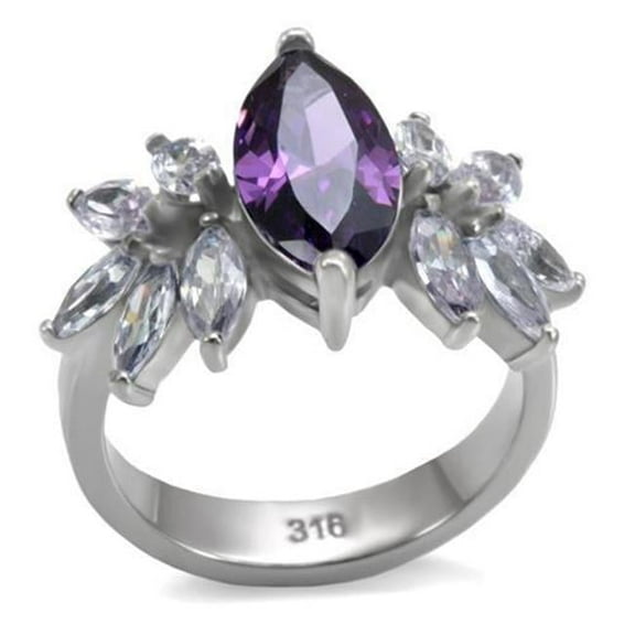 Alamode TK085-7 Women High Polished Stainless Steel Ring with AAA Grade CZ in Amethyst - Size 7