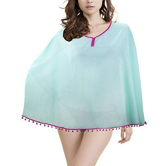 Brybelly Women's Beach Poncho with Pom-Pom Trim, Mint Raspberry