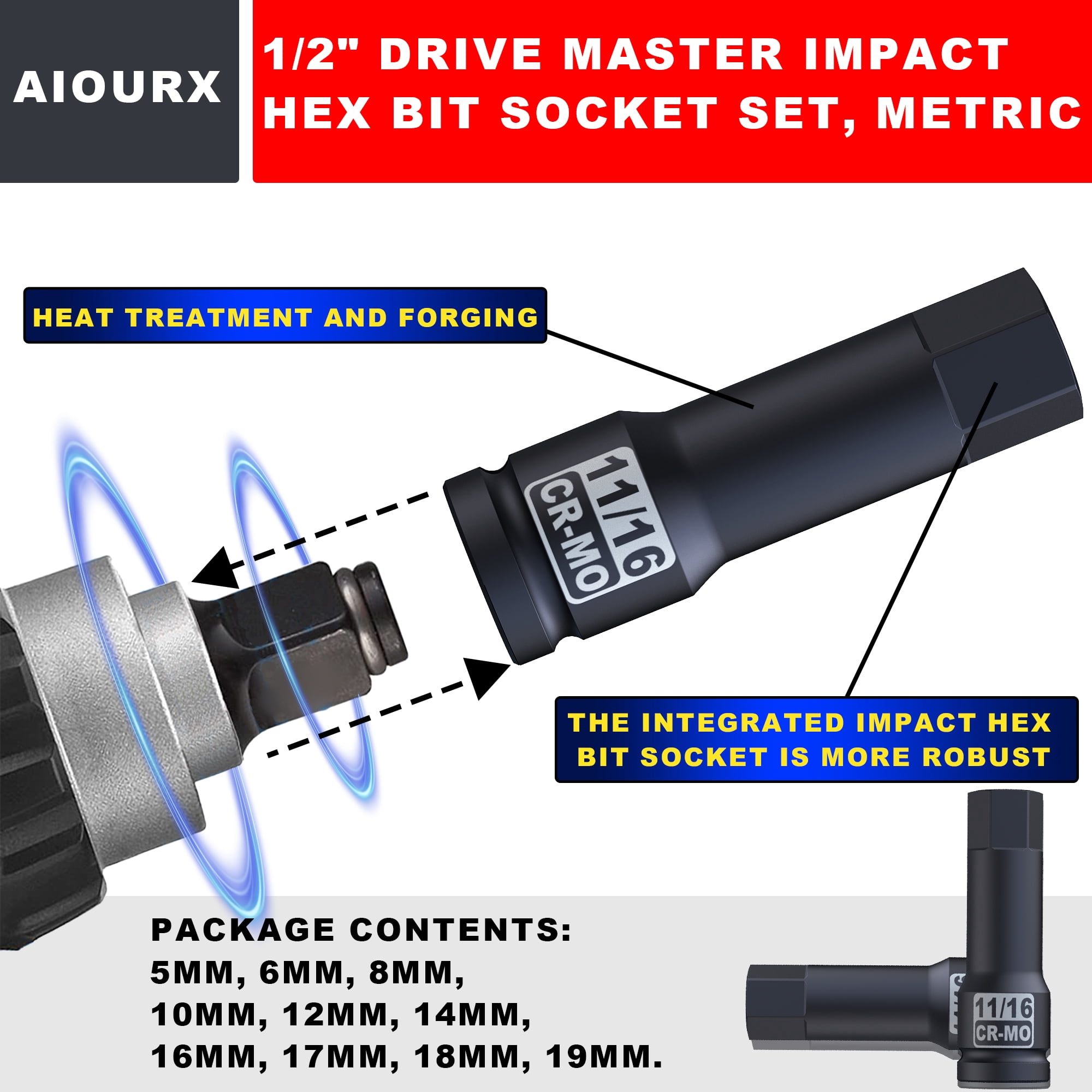 Aiourx 1/2 Inch Impact SAE Hex Bit Socket Set