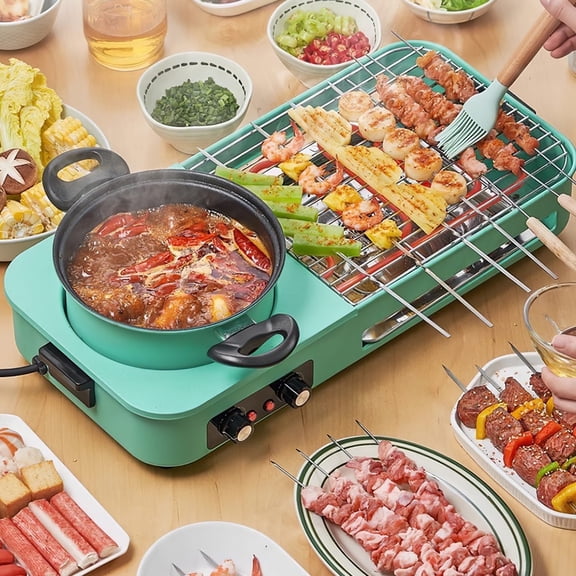 3 in 1 Electric Hot Pot with Grill and Fry Pan 1600W Fast Even Heating Independent Dual Temp Control 284 ℉   500 ℉   Non Stick Smokeless Detachable Dishwasher Safe for 3 5 People