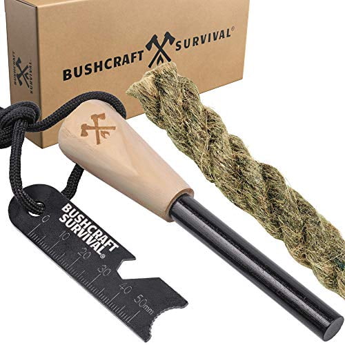 Bushcraft Survival Ferro Rod Fire Starter Kit | Ferro Rod w/Multi Tool  Striker & Jumbo Fire Starting Jute Rope - Natural Wax Infused Tinder Wick  Ropes