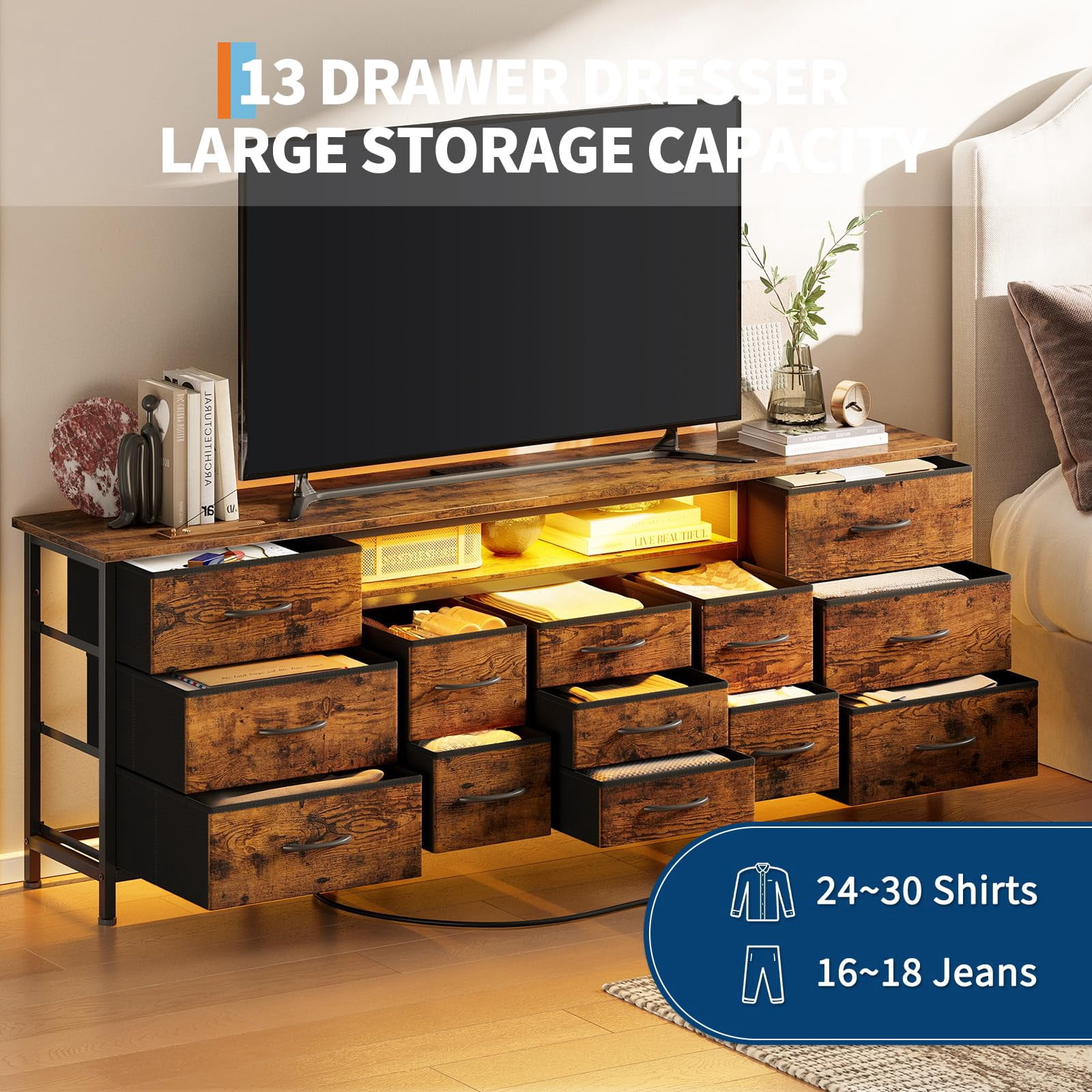 CuisinAid 70-Inch Long Dresser for Bedroom 13 Fabric Drawers Dresser with LED Lights and Power Outlets TV stand,Brown
