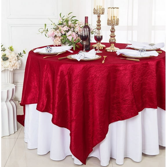 Wedding Linens Inc. 85" Square Crushed Crinkle Taffeta Table Overlay Toppers - AppleRed