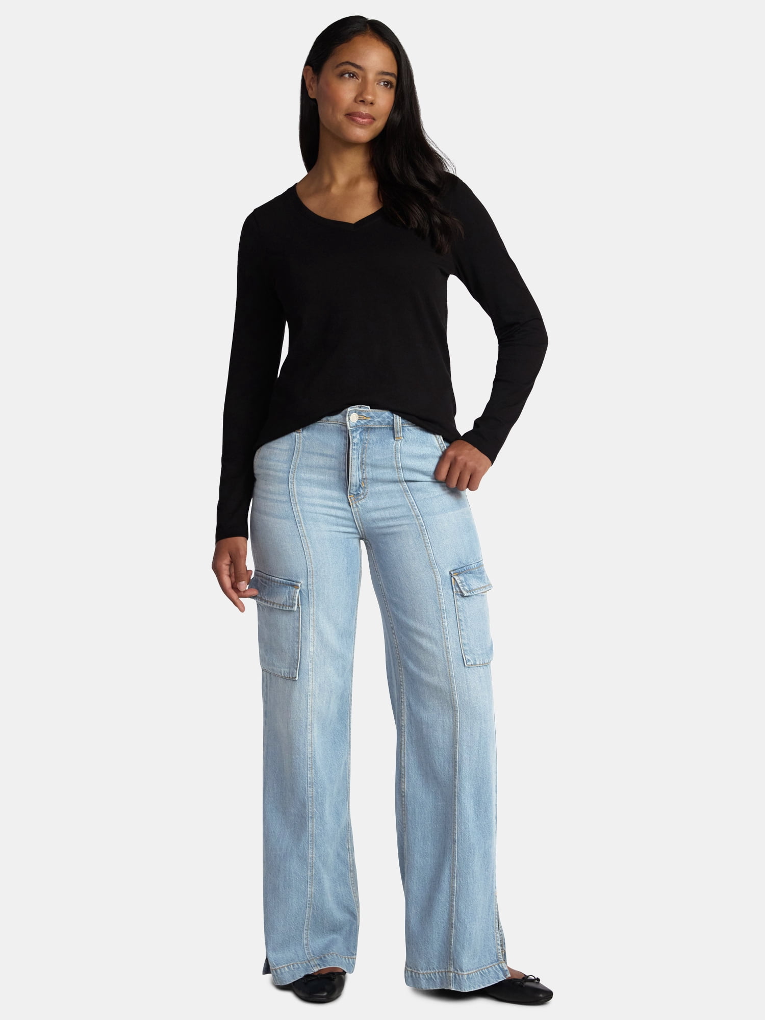 Time and Tru Women's Cotton V-Neck Tee with Long Sleeves, Sizes XS-XXXL