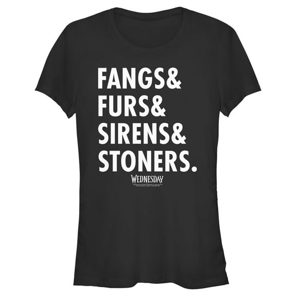 Junior's Wednesday Fangs & Furs & Sirens & Stoners Graphic Tee Black Medium