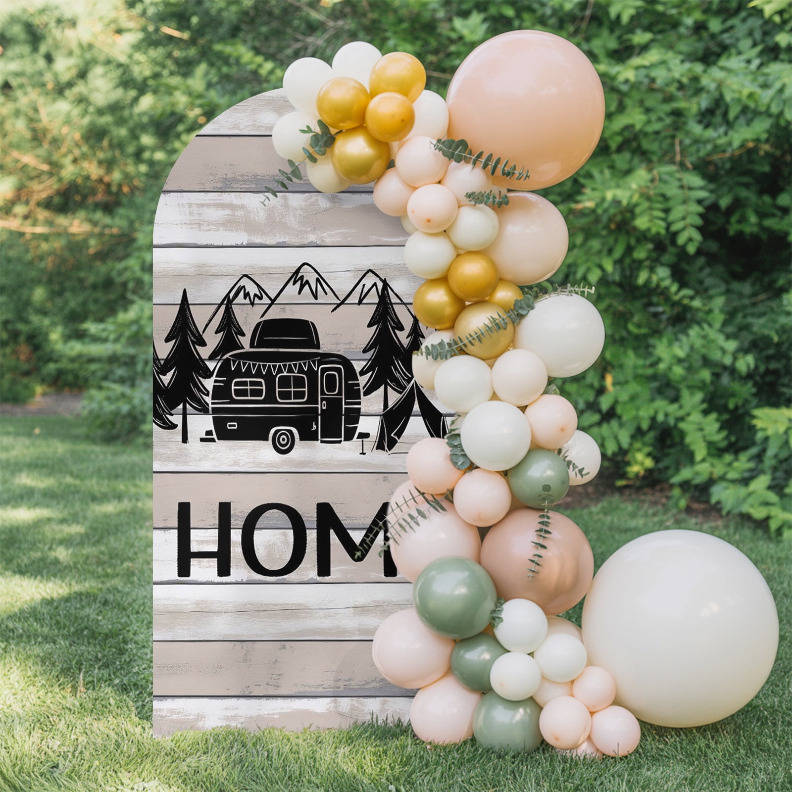 6.6ft Arch Backdrop Cover Rustic Mountain Trees Camper Sketch Arch Stand Cover Spandex Fitted Backdrop Covers Home Quote on Wood Grain Wedding Birthday Bridal Shower Party Background Decoration
