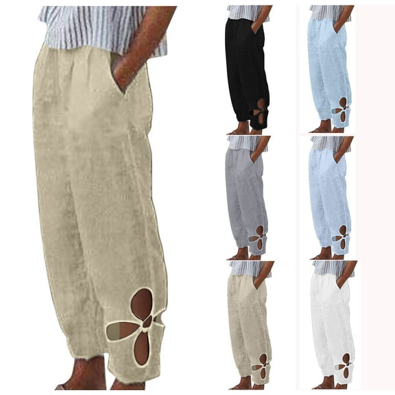 Sijiajgjfu 2025 Cotton Linen Pants for Women Cutout Hem Wide Leg Elastic Waist Harem Beach Trousers Gray L