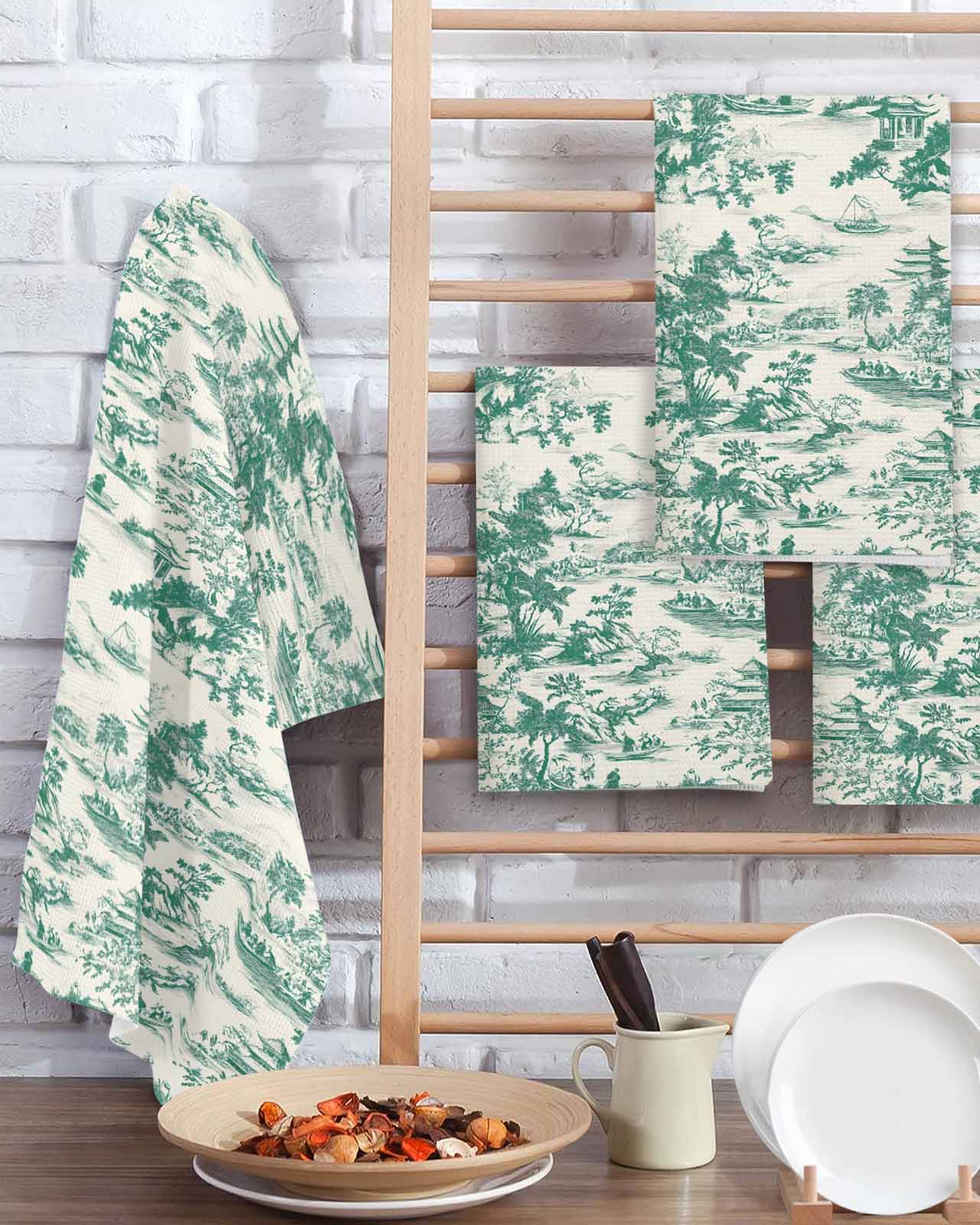 Green Garden Retro Kitchen Dish Towels for Drying Dishes Set of 4, Modern Art Building Tree Boat Waffle Weave Microfiber Terry Hand Tea Bathroom Towels Quick Dry & Absorbent Towel 15.7x23.6