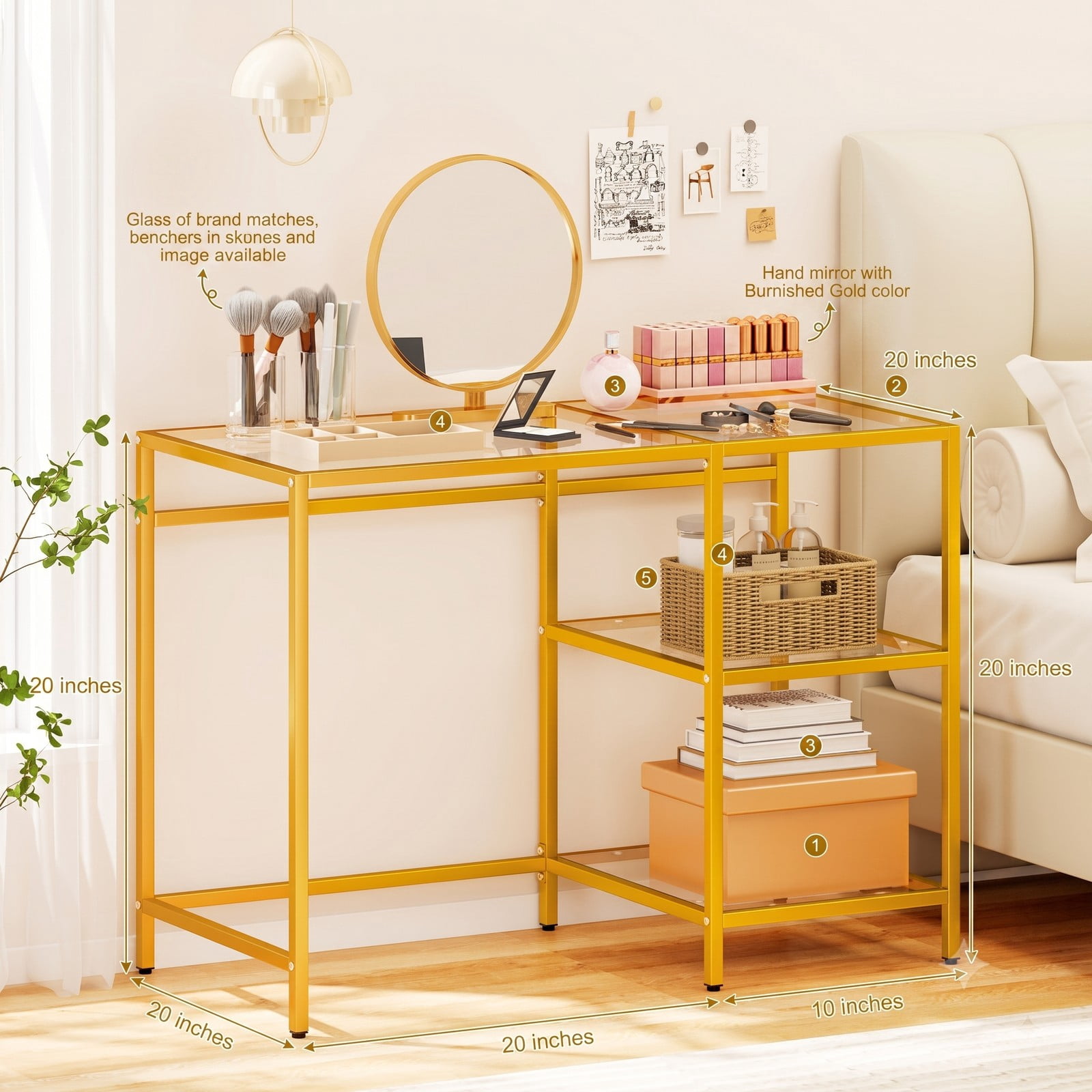 Furnibear Modern Console Table with Tempered Glass Top and 2 Open Shelves and Rust-Resistant Metal Frame for Entryway, Golden