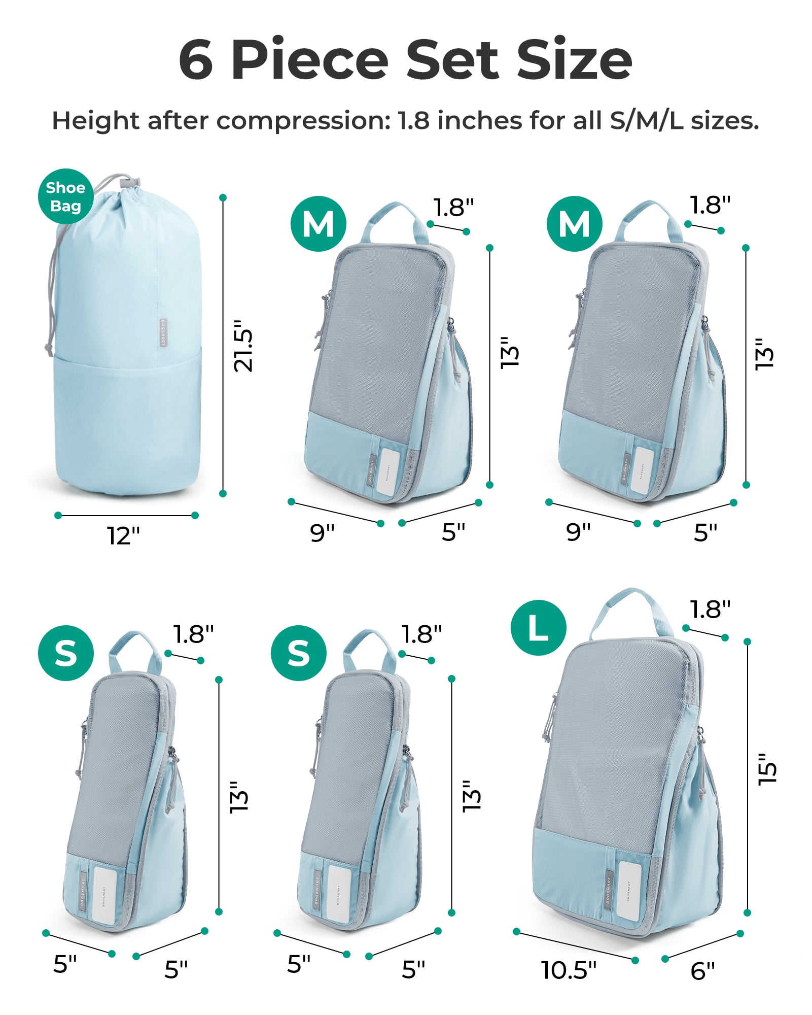 BAGSMART Compression Packing Cubes for Travel Luggage, 6 Pcs Expandable Packing Organizers Foldable Lightweight Suitcase Storage Bags for Travel Accessories, Women Men, Light Blue