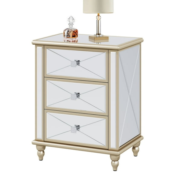 Mirrored 3-Drawers Dressers with Wood Legs, Mirrored End Table Nightstand Bedside Table End Table for Living Room, Bedroom, Gold