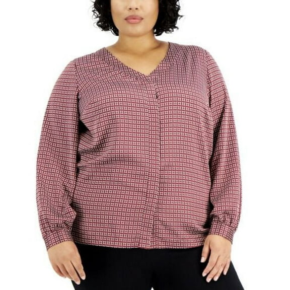 Alfani Women's Plus Size V-Neck Blouson Sleeves Blouse Red Geometric Size 2X