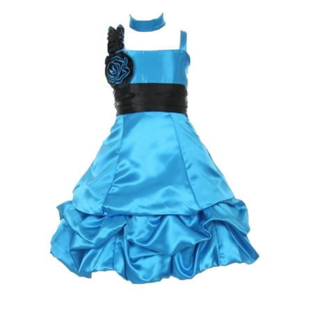 Huncho Little Girls Turquoise Black Two Tone Satin Bubble Flower Girl Dress