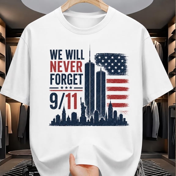 911 Memorial T-Shirt, We Will Never Forget American Flag NYC Skyline Graphic Tee, Gildan 5000 Printed Cotton Shirt