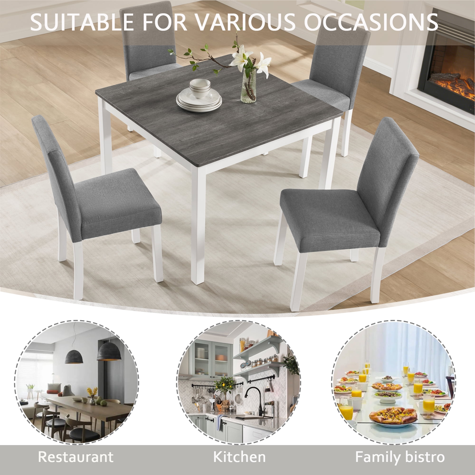 5-Piece Dining Table Set for 4, 39" Square Kitchen Table with 4 Fabric Chairs