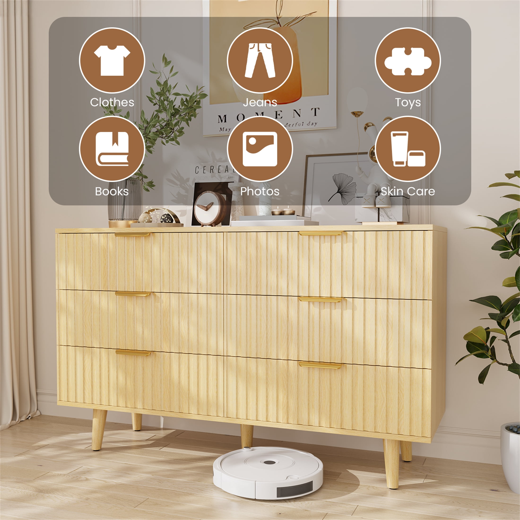 Planntonneo Fluted 6 Drawers Dresser, Wooden Chests of Drawers for Bedroom, Living Room, Entryway, Nature Wood Color