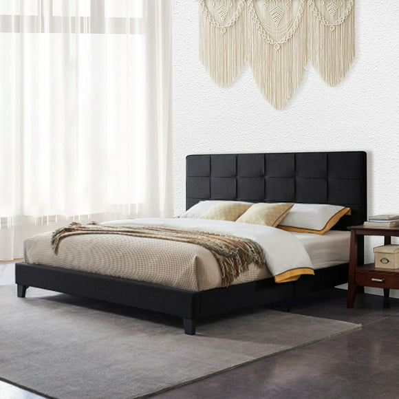 King Size Bed Frame, Platform Bed Frame with Upholstered Headboard, Modern Deluxe, Wood Slat Support, Mattress Foundation, Black