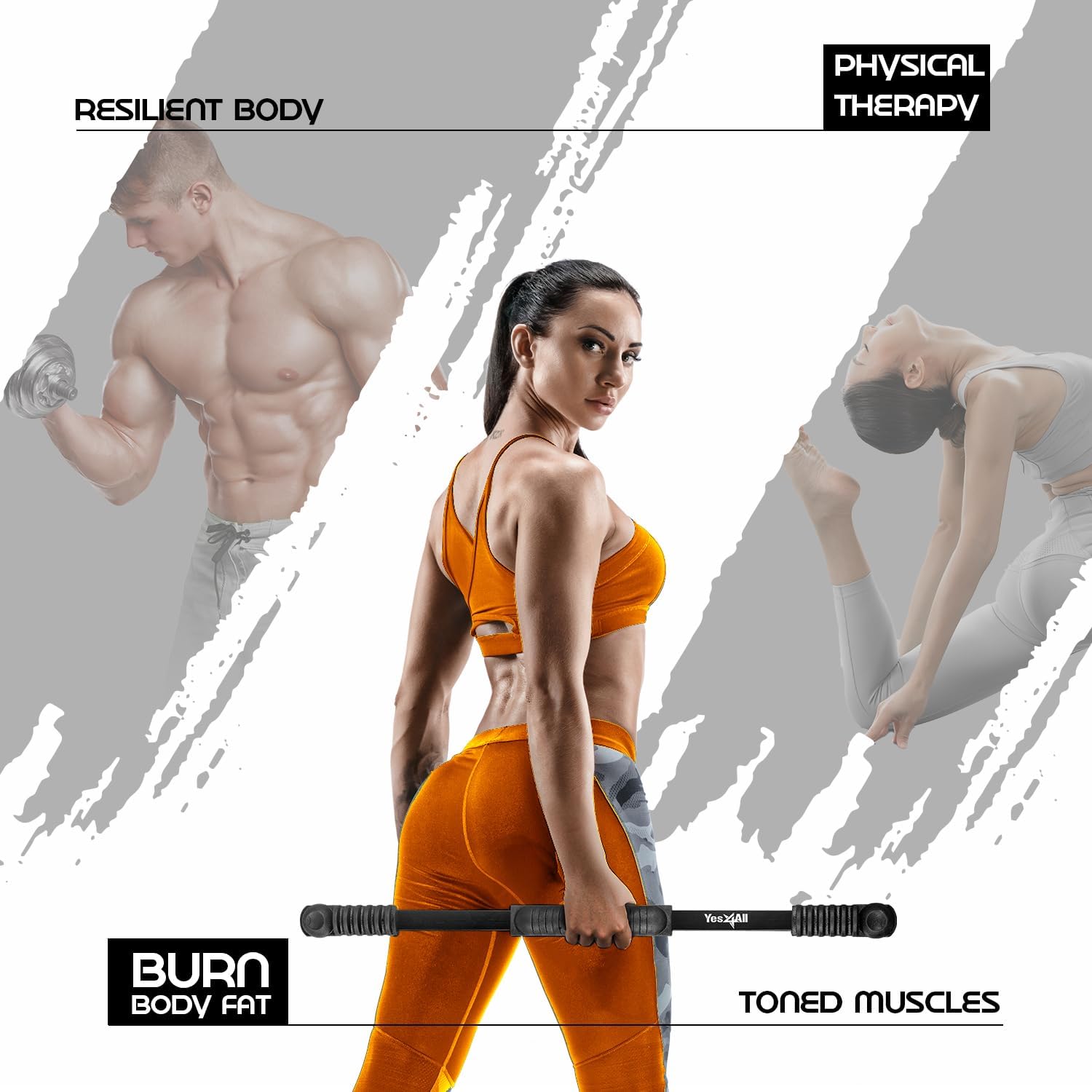 Yes4All Flex Bar, Elastic Fitness Bars with Strong Fiberglass & TPE Material, 2in1 Functional Exercise Bar, 9.5 inch Comfortable Grip, High Frequency Vibration Training, Strengthen Muscles & Burn Fat