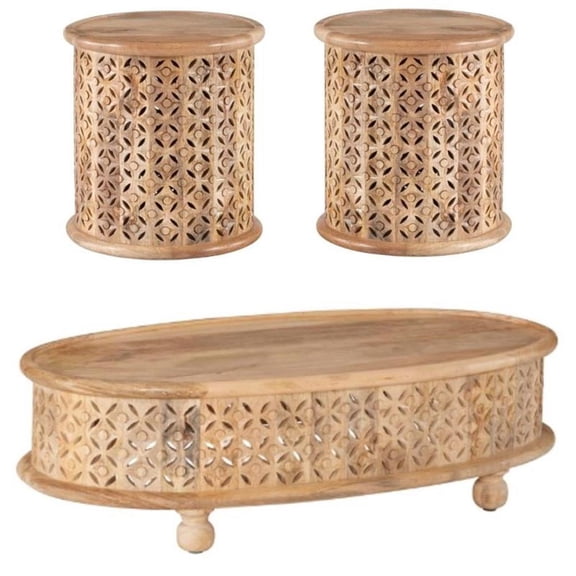 Home Square Lainey Collection Durable 3 Pieces Boho Mango Wood Coffee and Side Tables, Natural Color