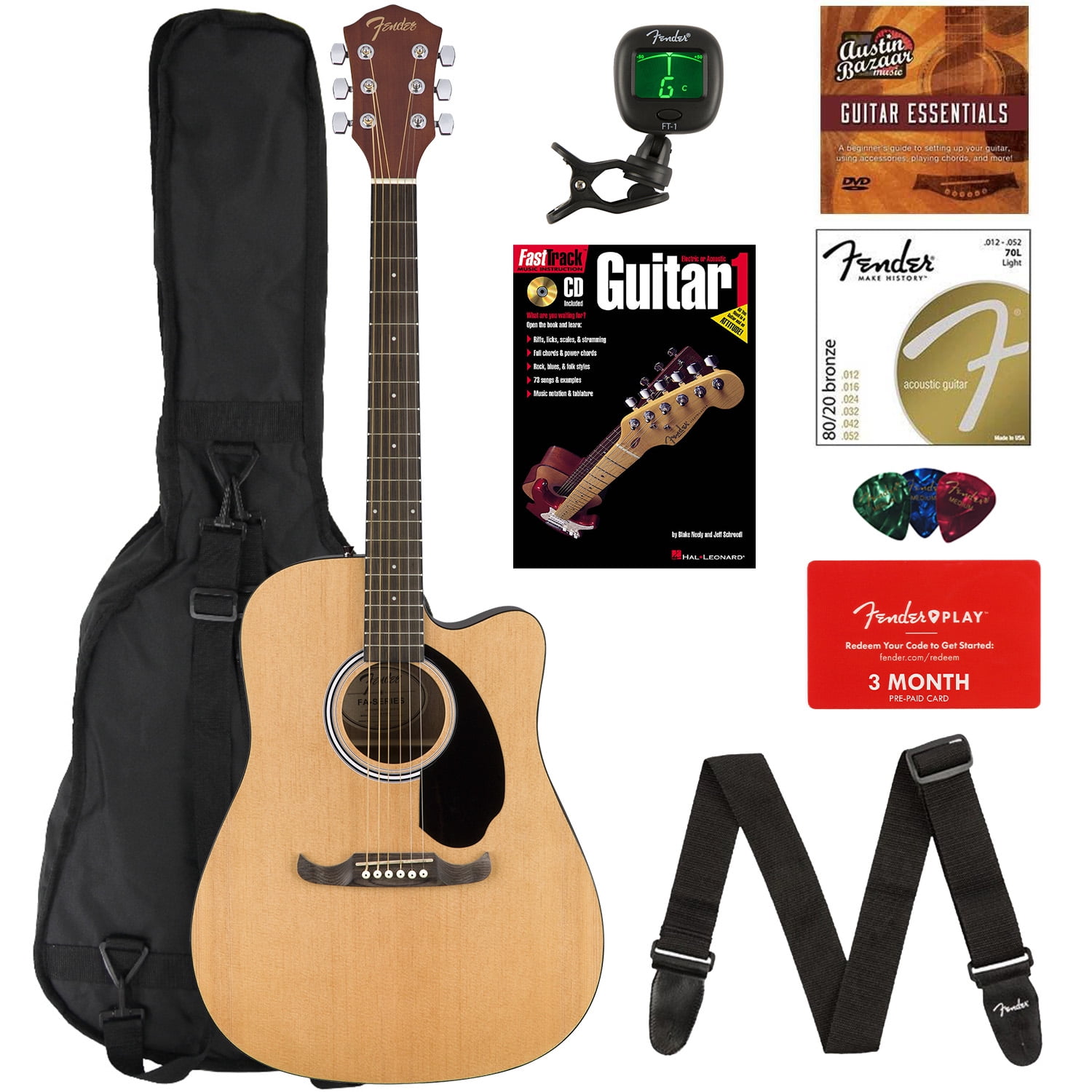 Fender FA125CE Dreadnought Cutaway AcousticElectric Guitar Bundle