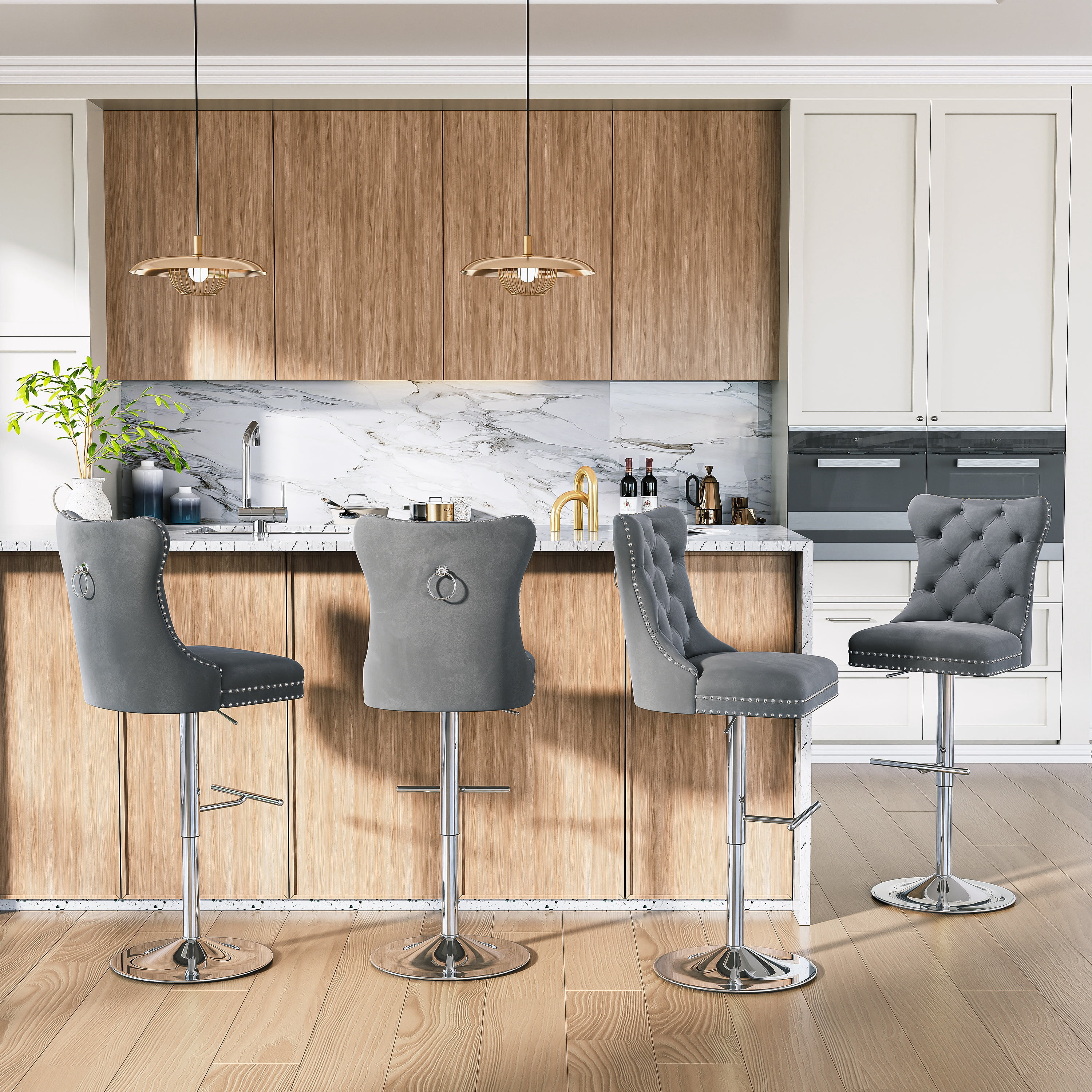 Modern Velvet Bar Stools Set of 4 Adjustable Swivel Counter Height Chairs with Upholstered Back and Nailhead Trim for Home Pub Kitchen Island