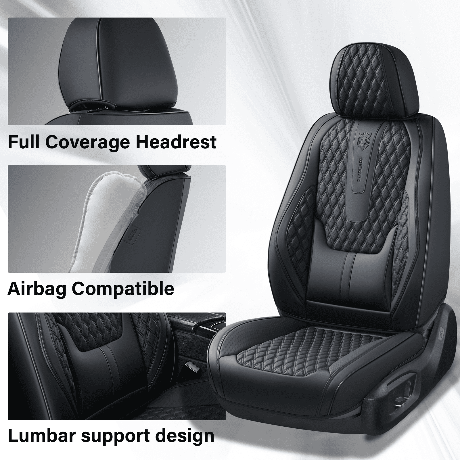 Coverado Black Car Seat Covers Front, Waterproof Faux Leather Auto Seat Protectors with Lumbar Support, Luxury Automotive Interior Accessories Universal Fit Most Cars SUV Trucks