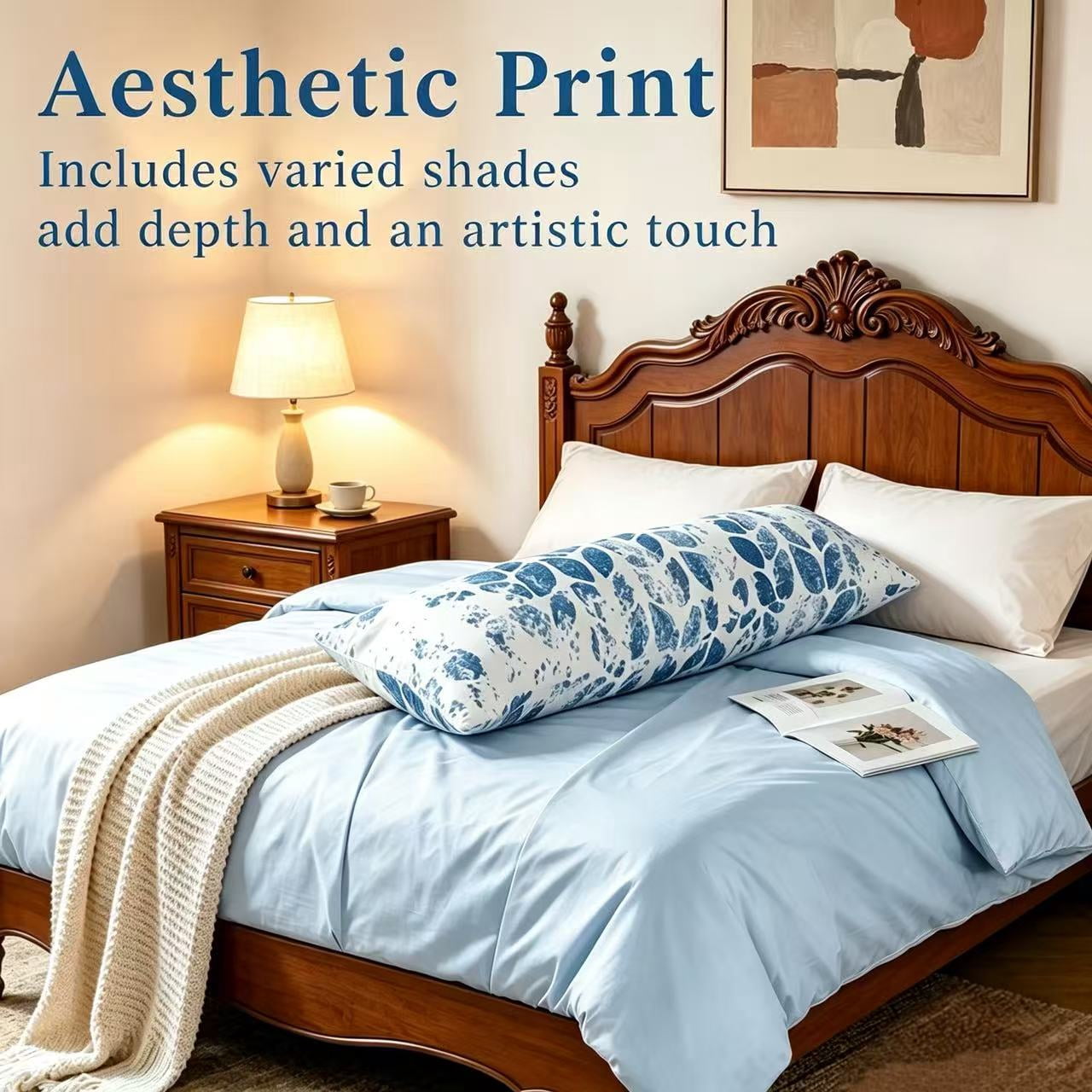 BedTreat Body Pillow with Printed Velvet Pillowcase, Fluffy Body Pillow for Adults, Removable cover, Sangay , Baritone Blue (20"x54")