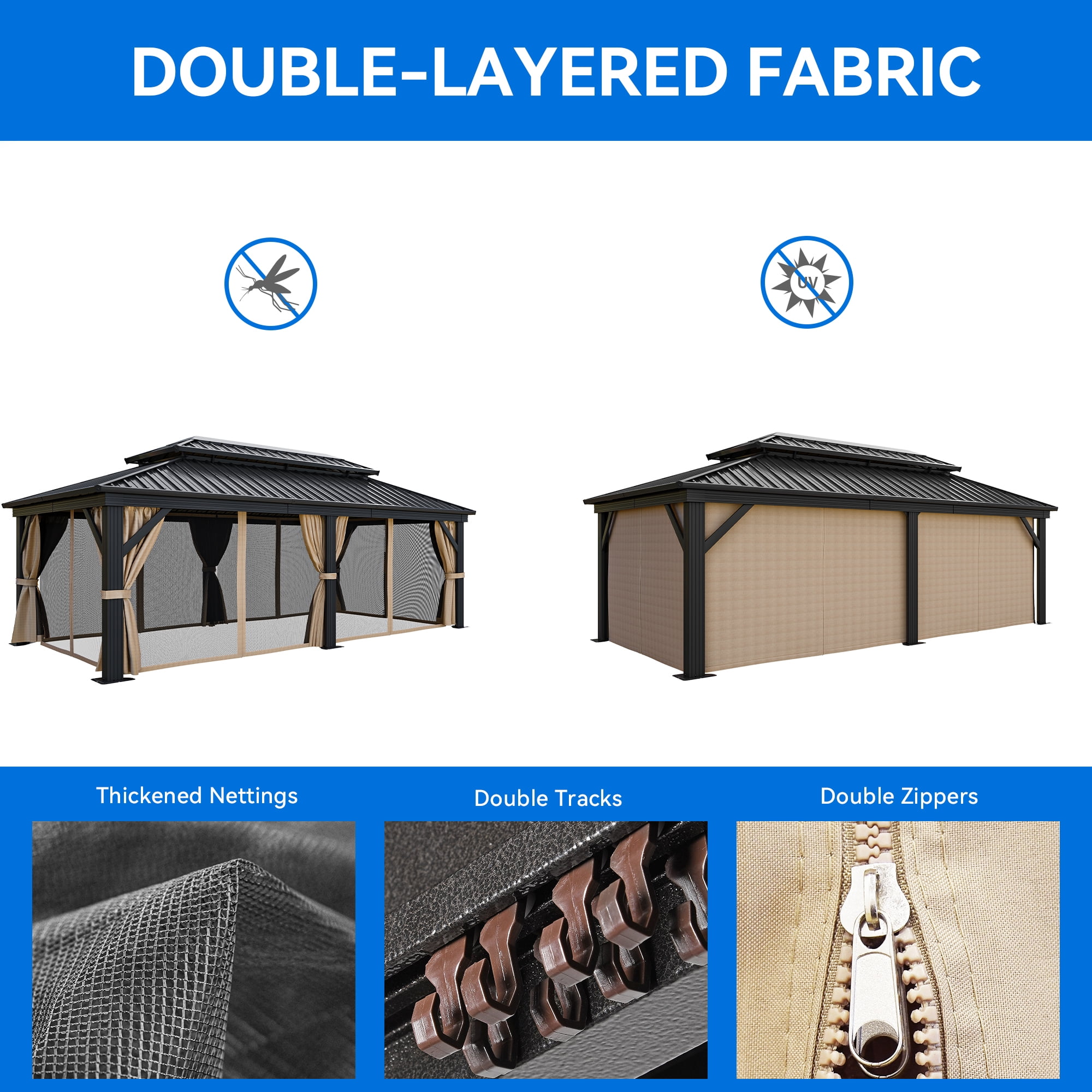Dextrus 12ft x20ft Double Roof Hardtop Gazebo with Netting&Curtains, Outdoor Aluminum Gazebo with Heavy Duty Galvanized Steel,Ideal for Patio Lawn and Garden,Brown Curtain