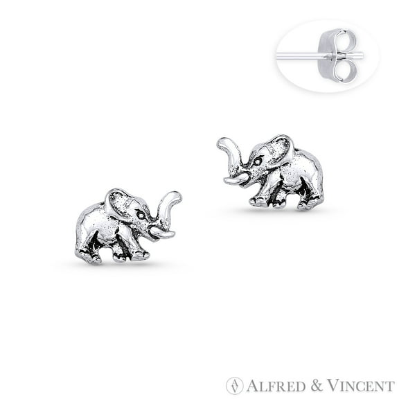 Elephant Animal Charm Stud Earrings in Oxidized .925 Sterling Silver