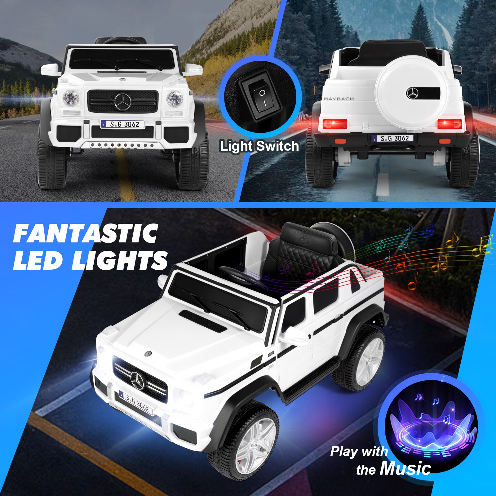 JOYLDIAS 12V Powered Electric Ride on Car Licensed Mercedes-Benz G650S for Kids with Remote Control, 2 Motors, 3 Speeds, Lock, Music, Horn, LED Light (white)
