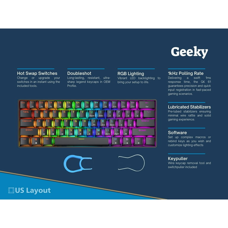 Geeky GK61 60% Compact | Wired, Hot Swappable, RGB LED Geeky GK61 60% Compact | Wired, Hot Swappable, RGB LED