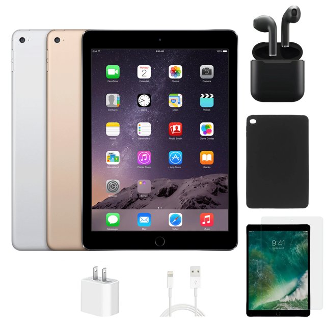 Refurbished Apple iPad Air 2 A1567 (WiFi + Cellular Unlocked) 64GB Silver (Grade B) Bundle with Case, Wireless Earbuds,Tempered Glass Screen Protector