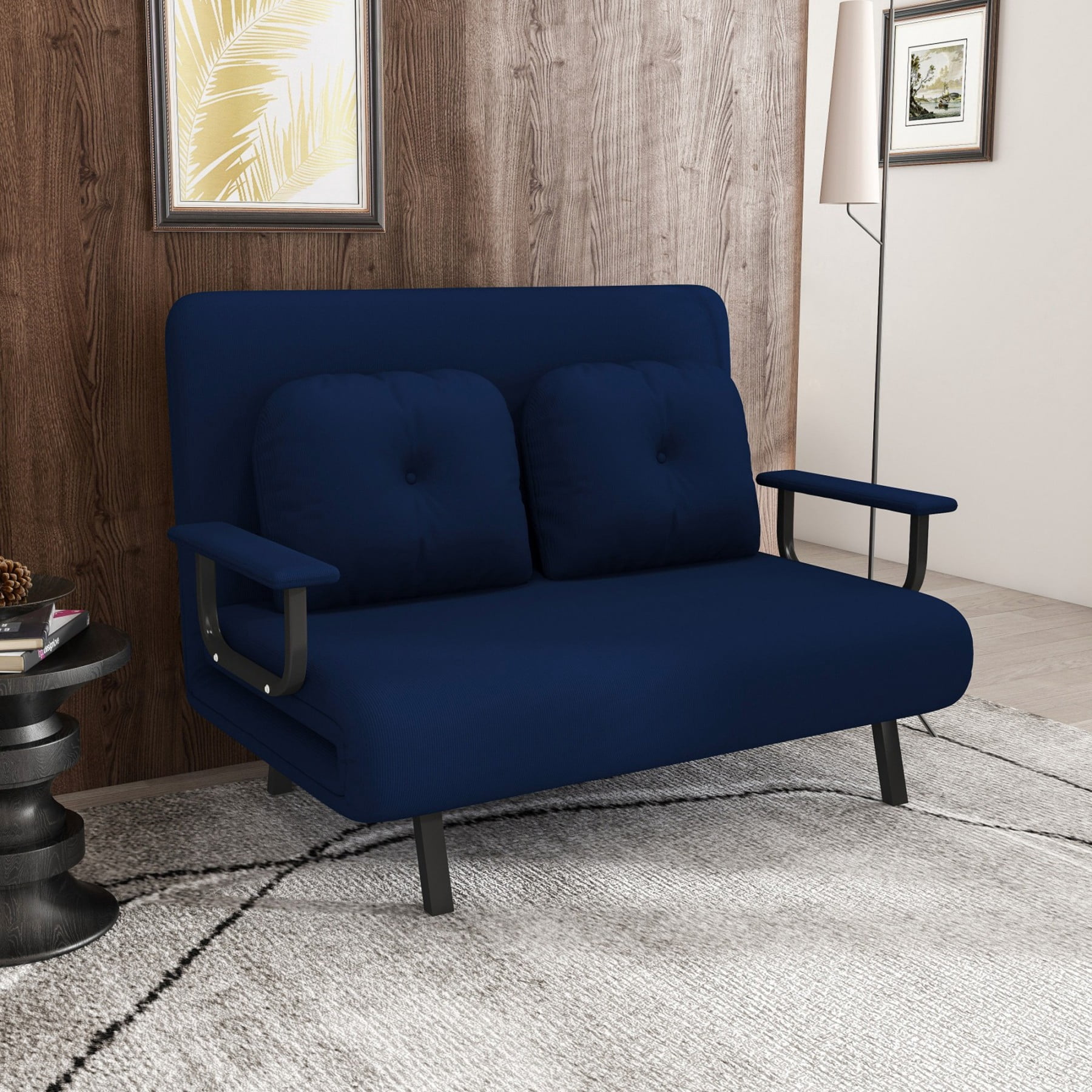 46" Corduroy Folding Sofa Bed Chair for Two, 5-in-1 Convertible Sleeper with Adjustable Backrest & Pillow, Blue