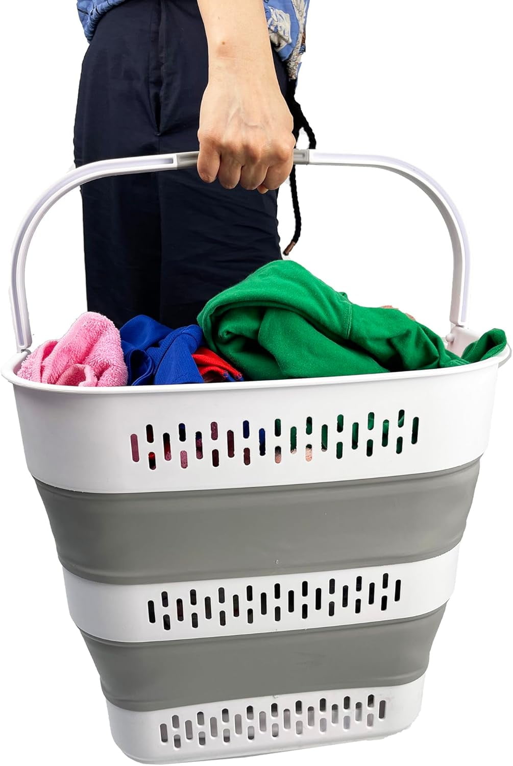 CHTER 40L (10.5 Gallon) Collapsible Plastic Laundry Basket with Handles - Foldable Pop Up Storage Container/Organizer - Portable Laundry Hamper - Space Saving (2, White/Grey)
